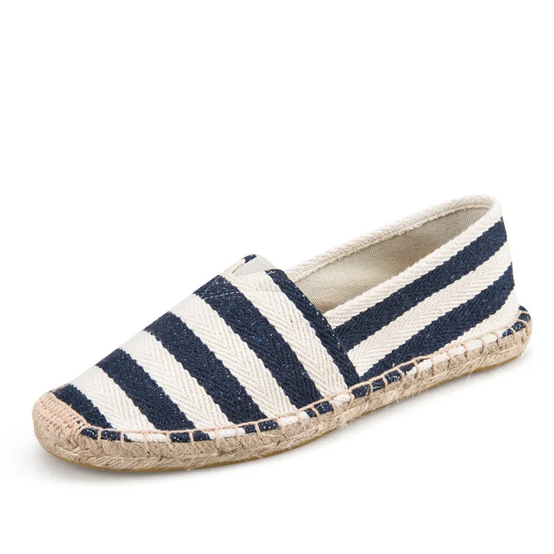 Mens Espadrilles Men Patchwork Slip on Summer Shoes Men Loafers Breathable Canvas Shoes Fashion Jute Wrapped Black Stripe