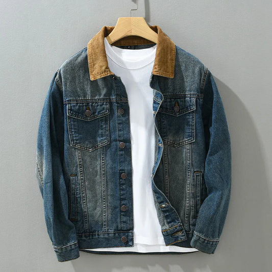 Patchwork Denim Jackets for Men Spring Autumn American Vintage Casual Slim Fit Workwear Distressed Old Washed Jeans Tops Outwear