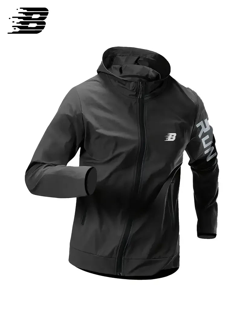 Mens B Run Printed Hooded Windbreaker Lightweight Waterproof Windproof Outdoor Sports Long Sleeve Jacket