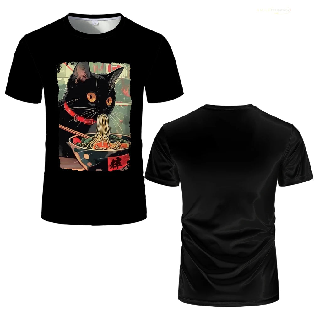 Japanese Anime-Style Ramen Black Cat Graphic T-Shirt Kawaii Animal Print Casual Daily Home Tees Classic O-Neck Short Sleeve Tops