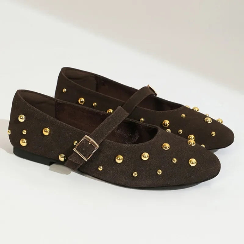 2025 Summer Brand Mary Jane Shoes for Women Fashion Rivet Suede Classic Retro Brown Casual Soft Bottom Comfortable Ladies Flats