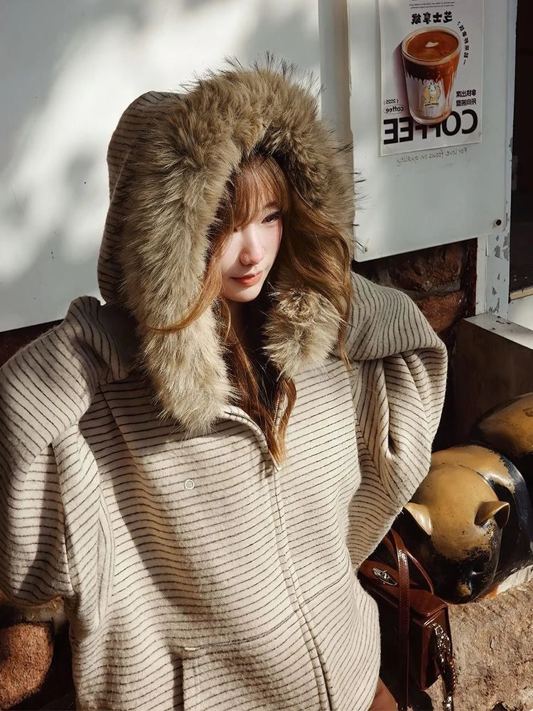 American Vintage Long Sleeve Hoodie Women Harajuku Casual Striped Sweatshirt Zipper Streetwear Faux Fur Sweet 2025 Autumn BAZAARHUBO