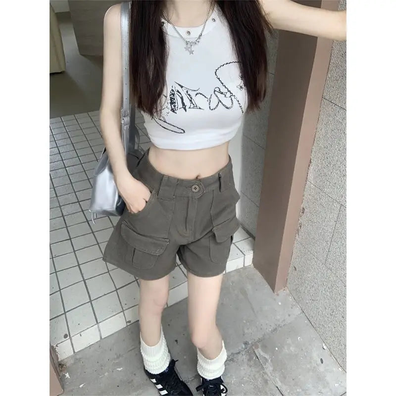 Straight Cargo Shorts Women Fashion American Retro Simple Leisure All-match Hot Summer Streetwear Mid Waist Pockets Designer Ins