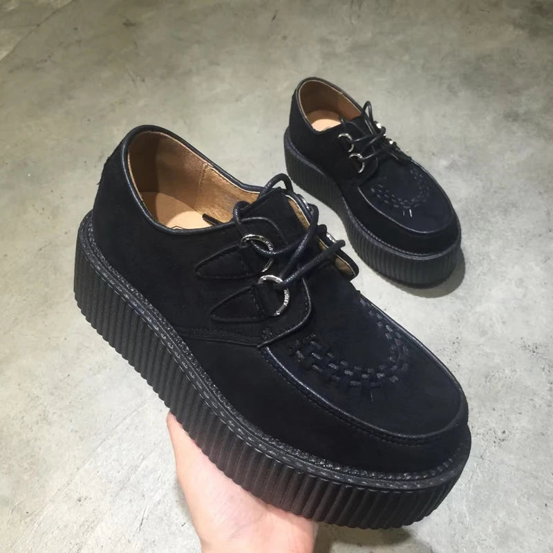 Black Harajuku Shoes Classic Lace UP Wedge Heels Platforms Creepers Punk Shoes Casual High Heels Women Platform Shoes
