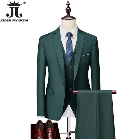 M-6XL 15 Colors ( Jacket+Vest+Pants ) Formal Business Office Men's Suits Groom Wedding Dress Party Dress Solid Color Suit