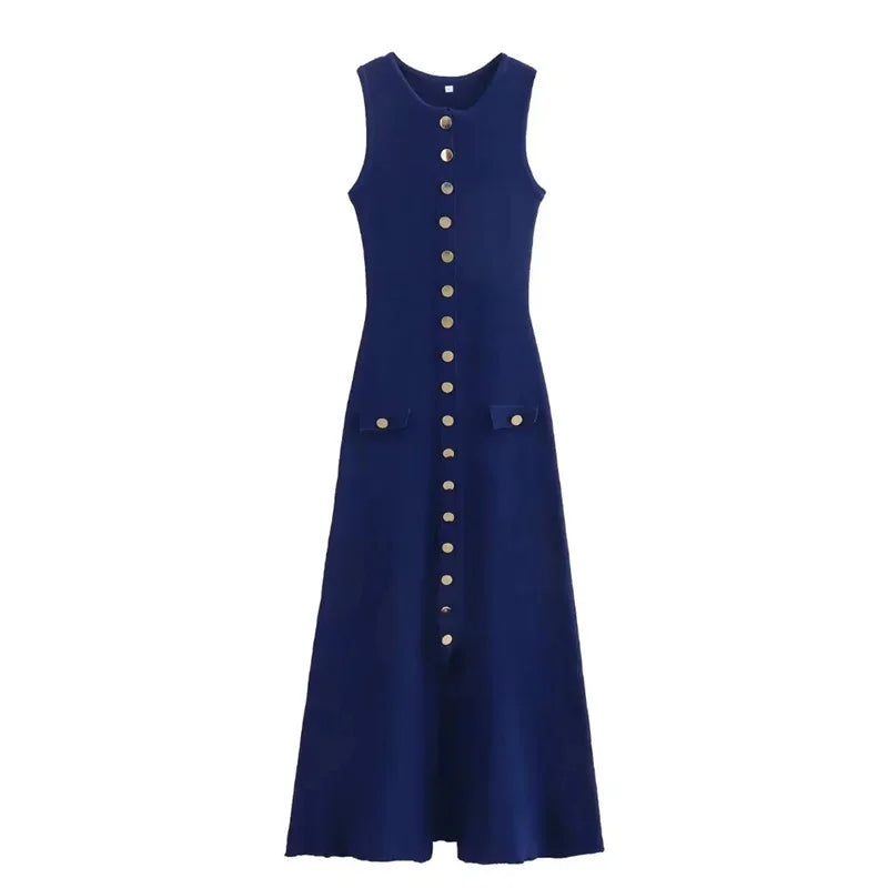 Knit Ribbed Cardigan Maxi Dress Female High Waist Slim Pocket Sleeveless Elegant Party Dress Women's Knitwear Long Dress