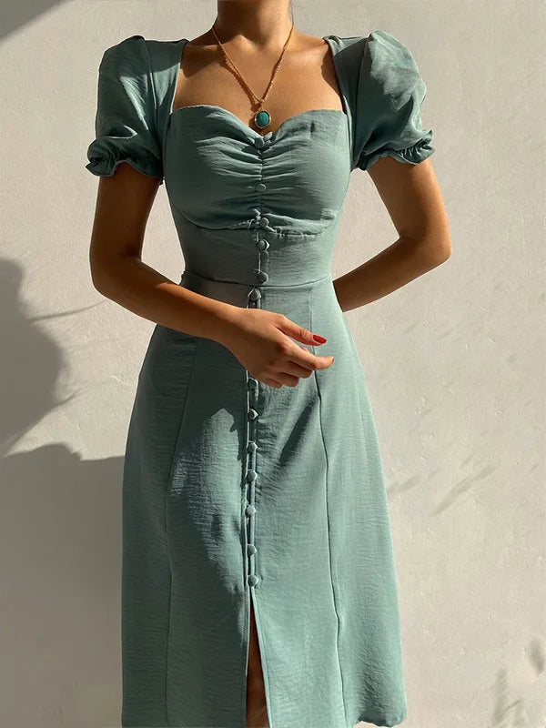 2024 Summer Fashion Summer Skirt Holiday Style Sexy Women's Dress V-neck Single Breasted Shrugged Mid Length Dress