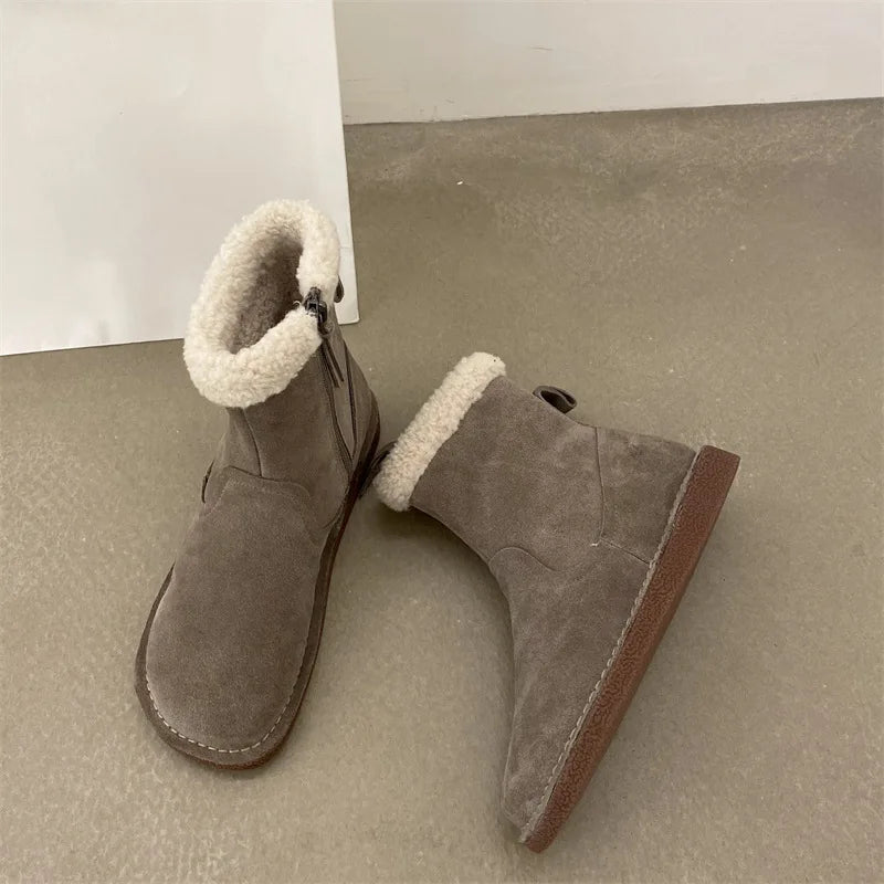 Careaymade-Genuine cow leather Snow cotton round head flats woolen short boots plush warm snow boots Oversized shoes size 35-43
