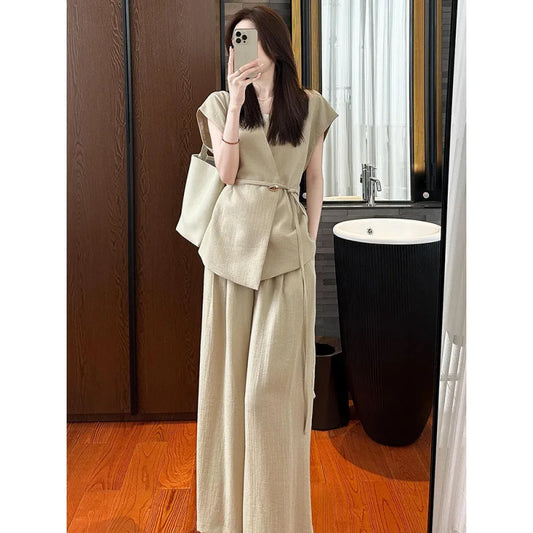 2025 New Streetwear Khaki Women's Jacket + Temperament Pants 2-piece Set Japanese Korean Elegant Fashion Summer Vest Suit Pants