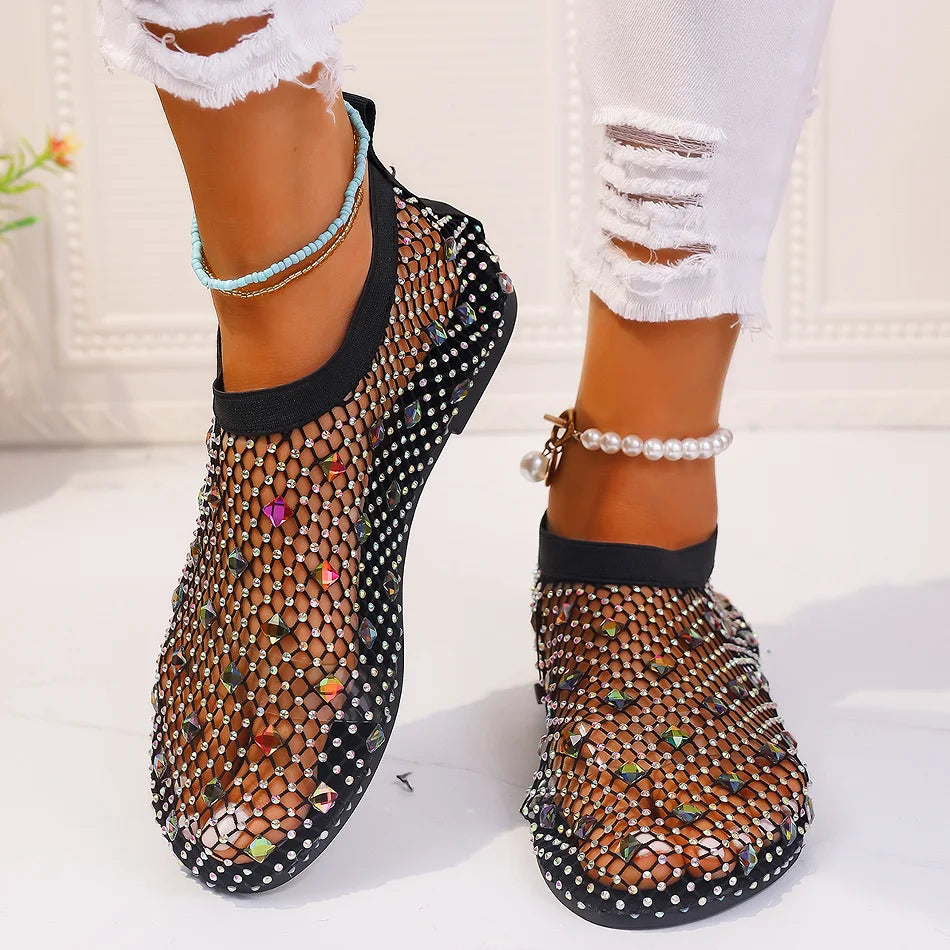 Summer Women's New Round Toe Flat Bottom Sandals Hollow Short Boots Water Diamond Sexy Flat Bottom Fashion Banquet Sandals