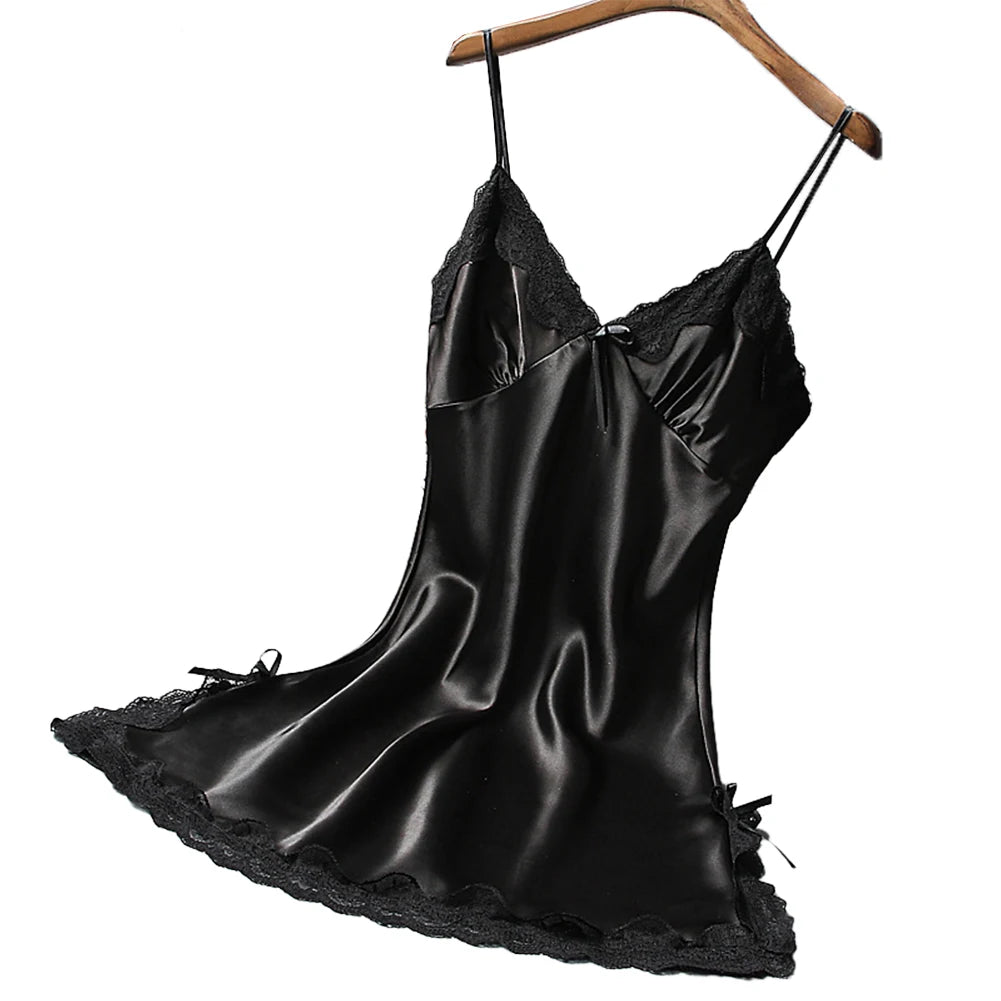 Ladies Sexy Silk Satin Night Dress Nightgown Sleeveless Lace Lingerie Sleepwear Ladies Wrap Dress Robe Sleepwear