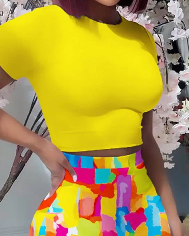 Color Print Slim Skirts Two Piece Set Women Fashion Bodycon Short T Shirt High Waist Package Hip Skirt 2 Piece Sets Streetwear