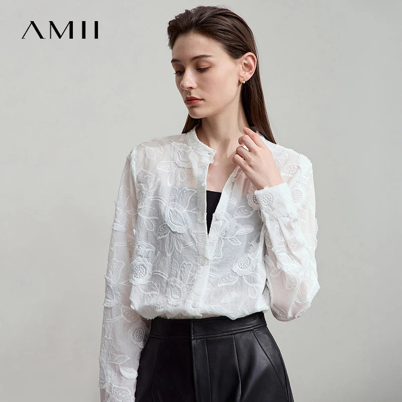 AMII 2025 Autumn New Elegant Embroidery Women's Shirt Stand Collar Wide Shoulder Office Lady Loose Blouses Women Tops 12543066
