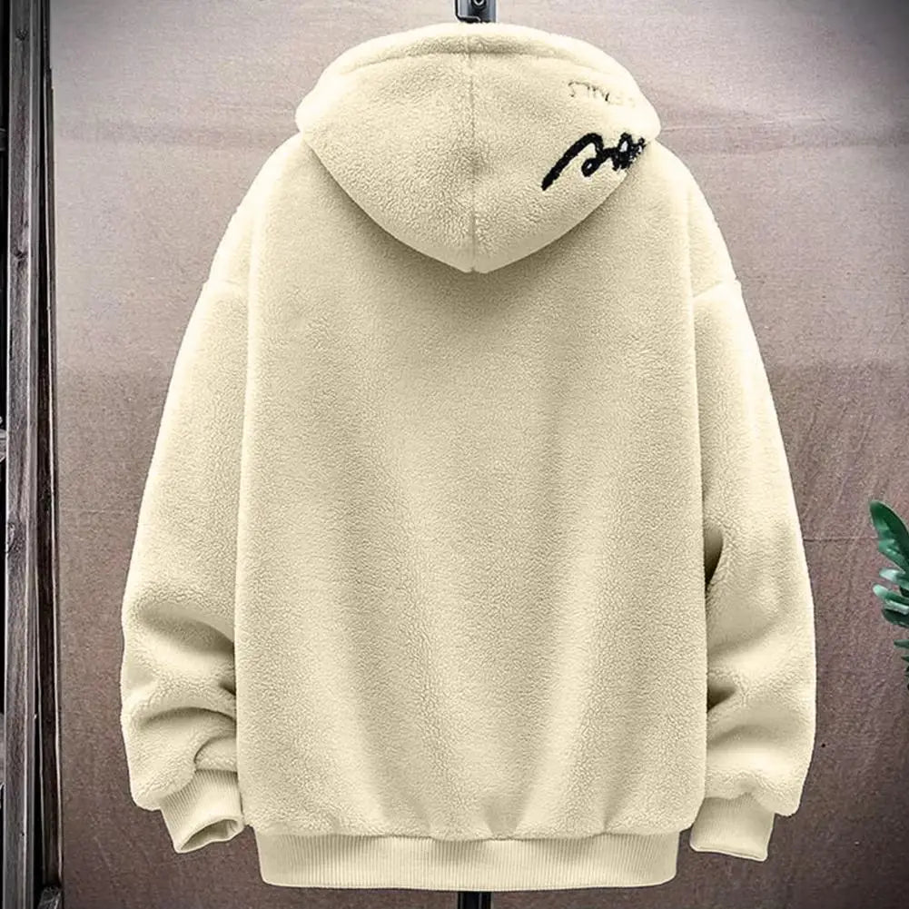 Faux Sherpa Thickened Men Jacket Zipper Closure Pockets Hooded Jackets Casual Thickened Sherpa Lining Winter Warm Men's Jackets