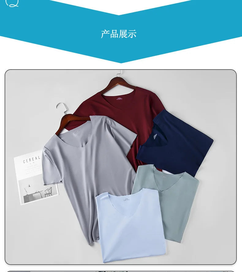 Ice Silk Men T-shirts Summer Seamless Sport Underwear Casual V-neck Thin T-shirts Quick Dry Shirt Tops Bottoming Shirt for Men