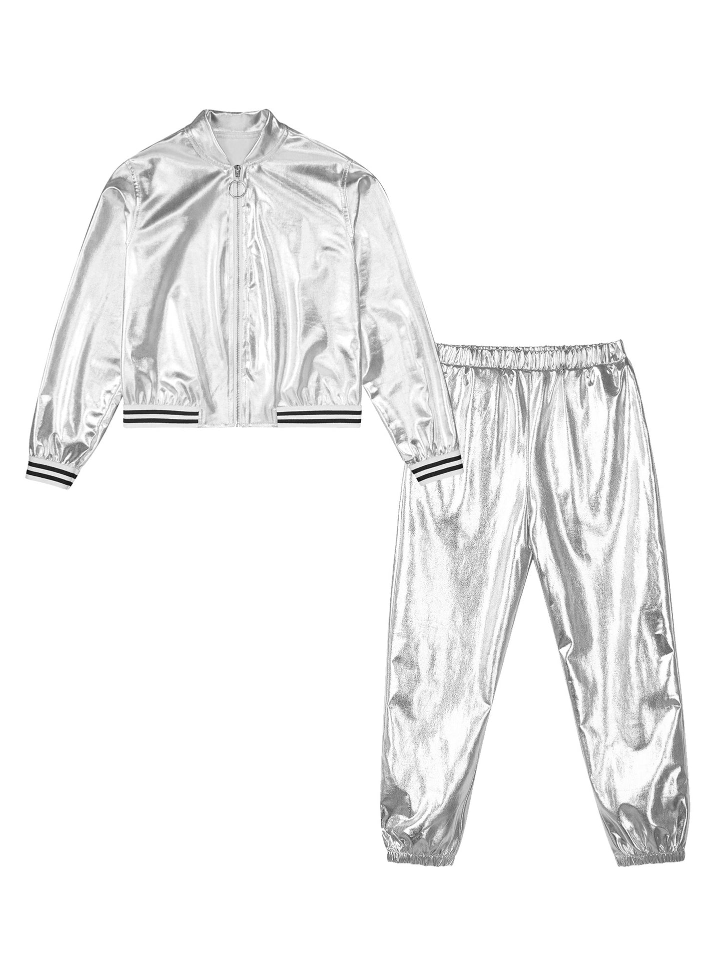 Kids Girls Sports Outfits Jazz Hip Hop Street Dance Costume Shiny Metallic Long Sleeves Bomber Jacket Coat with Pants Streetwear