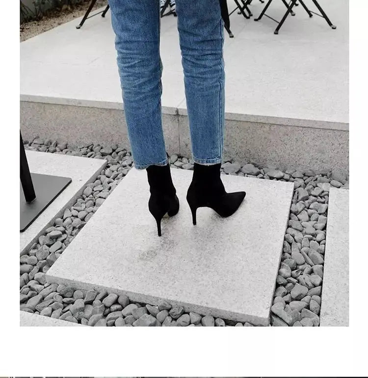 Comemore 2021 Autumn Winter High Heel Women's Shoes Pointed Toe Stiletto Ankle Boots Stockings Black Girls' Socks Boots Dress 34