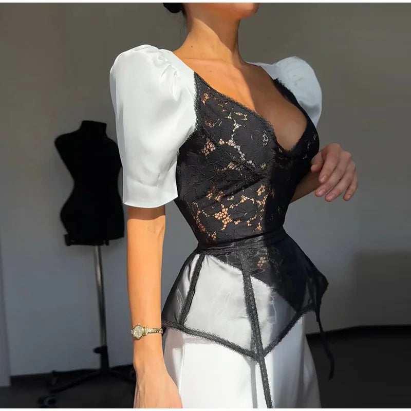 Lace Trim Satin Peplum Midi Dress Deep V-Neck Puff Sleeve A-Line 2026 Spring Summer Chic Elegant Romantic Women Cocktail Dress