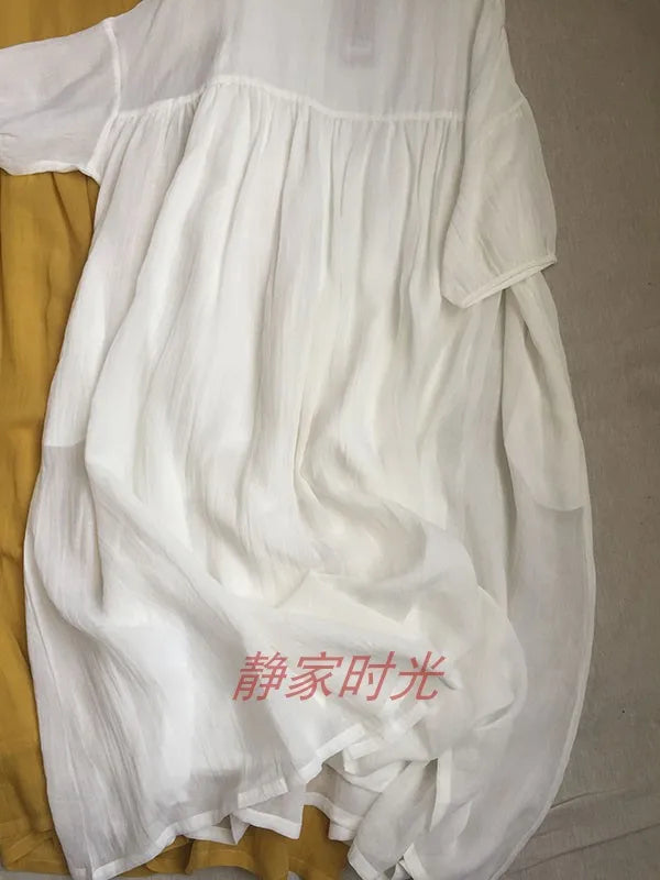 2024 Women Summer Cotton And Linen Pleated Double Layered Robe Casual Loose Half Sleeve Dress Ladies Holiday Clothes X1041