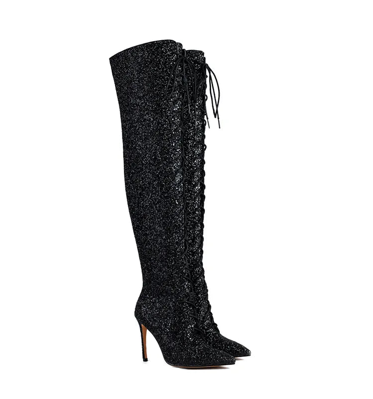 10CM Night Club Over The Knee Boots Sequins Thin High Heels Fashion Lady Pointed Long Boots Autumn Winter Party Shoes For Women