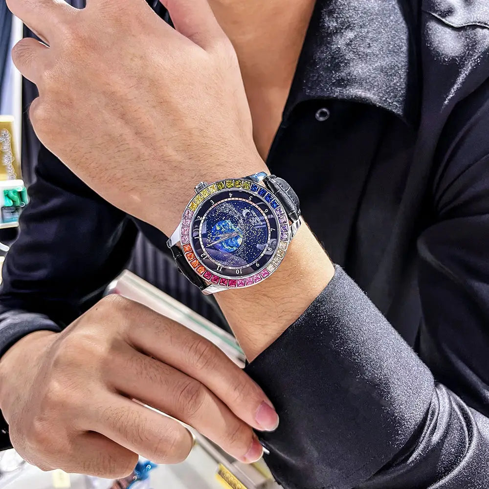 Fashion Starry Sky Luminous Mechanical Watch for Men Leather Steel Strap Luxury Brand Business Automatic Mens Watches AOKULASIC