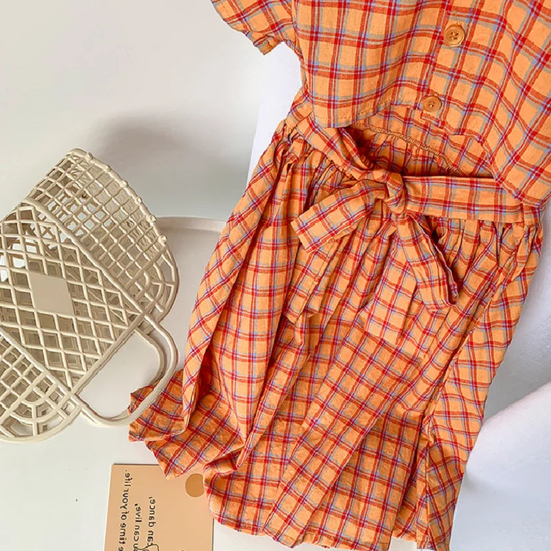 Summer Casual Baby and Girls Cotton Plaid Single-Breasted Short-Sleeved Lace Up Back Dress Kids Lovely Outfit Clothing 2-8 Years