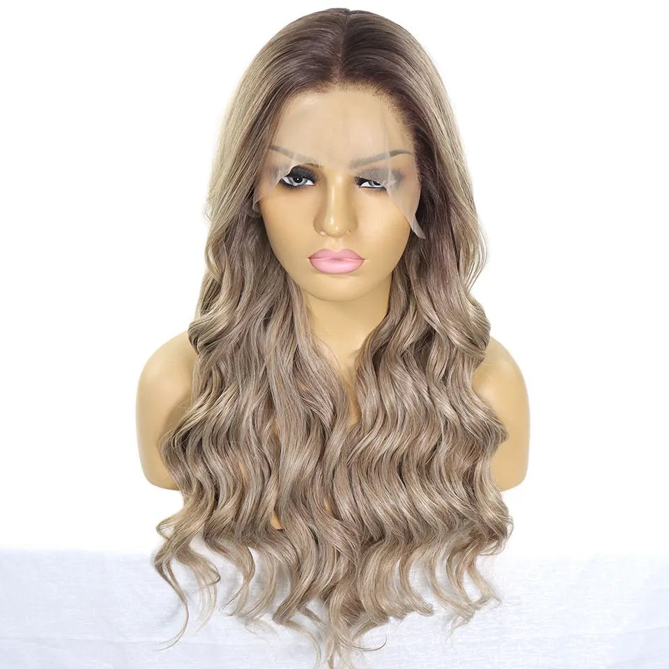 Loose Wave Ash Blonde Wig Dark Roots Synthetic Lace Front Wigs 13x4 Colored Grey Transparent Lace Curly Wig For Women Daily Use