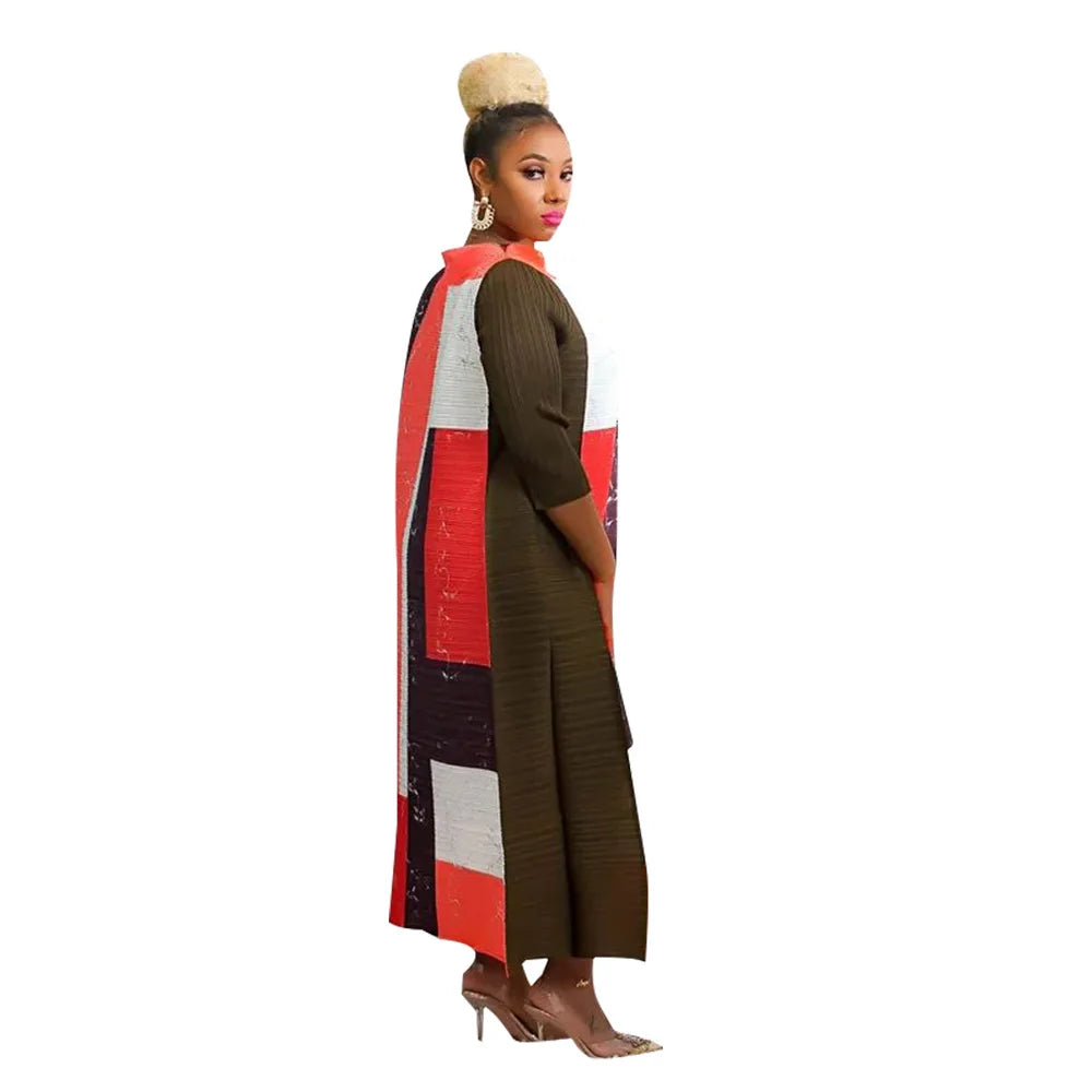 African Dresses for Women Summer Fashion Style African 3/4 Sleeve Polyester O-neck Pleated Dress Dashiki African Clothes Women