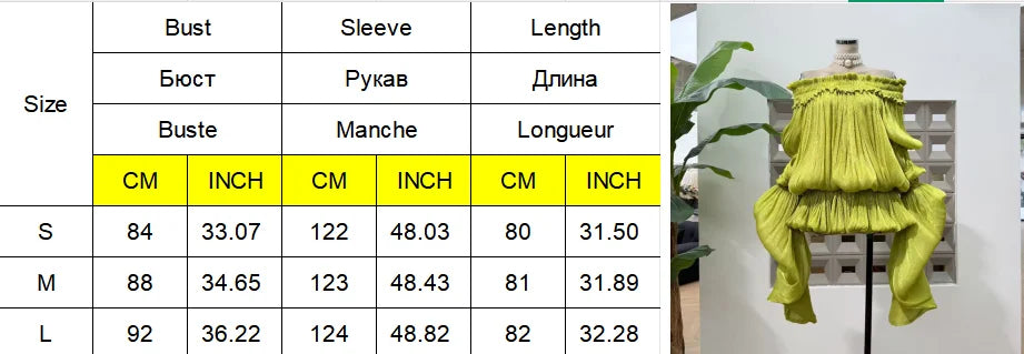 Women's Y2k Off Shoulder Pleated Mini Dress Elegant Lime Green Flare Long Sleeve Ruffle Hem Bubble Vestidos Date Party Dresses