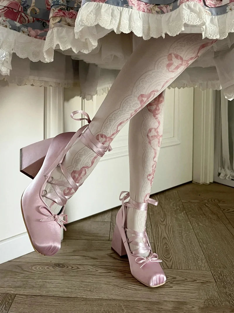 2025 Minuet Pink Mary Jane High Heels Lolita Thick Heel Satin Ribbon Ballet Sandals For Women Pumps