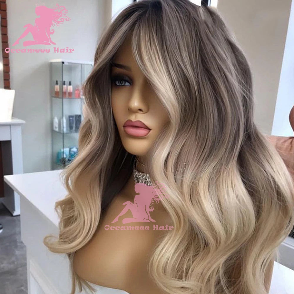 Highlight Wigs 100% Human Hair 360 Lace Frontal Colored Full Lace Wigs Brown ombre Ash Blonde Brazilian Virgin Hair loose Wave
