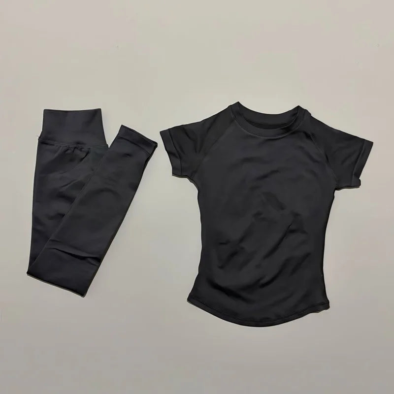 2 Pieces HISTELLO Yoga Set Women Short Sleeve Crop Top Low Waist Butt Lifter Leggings Seamless Breathable Stretch Fitness Sets