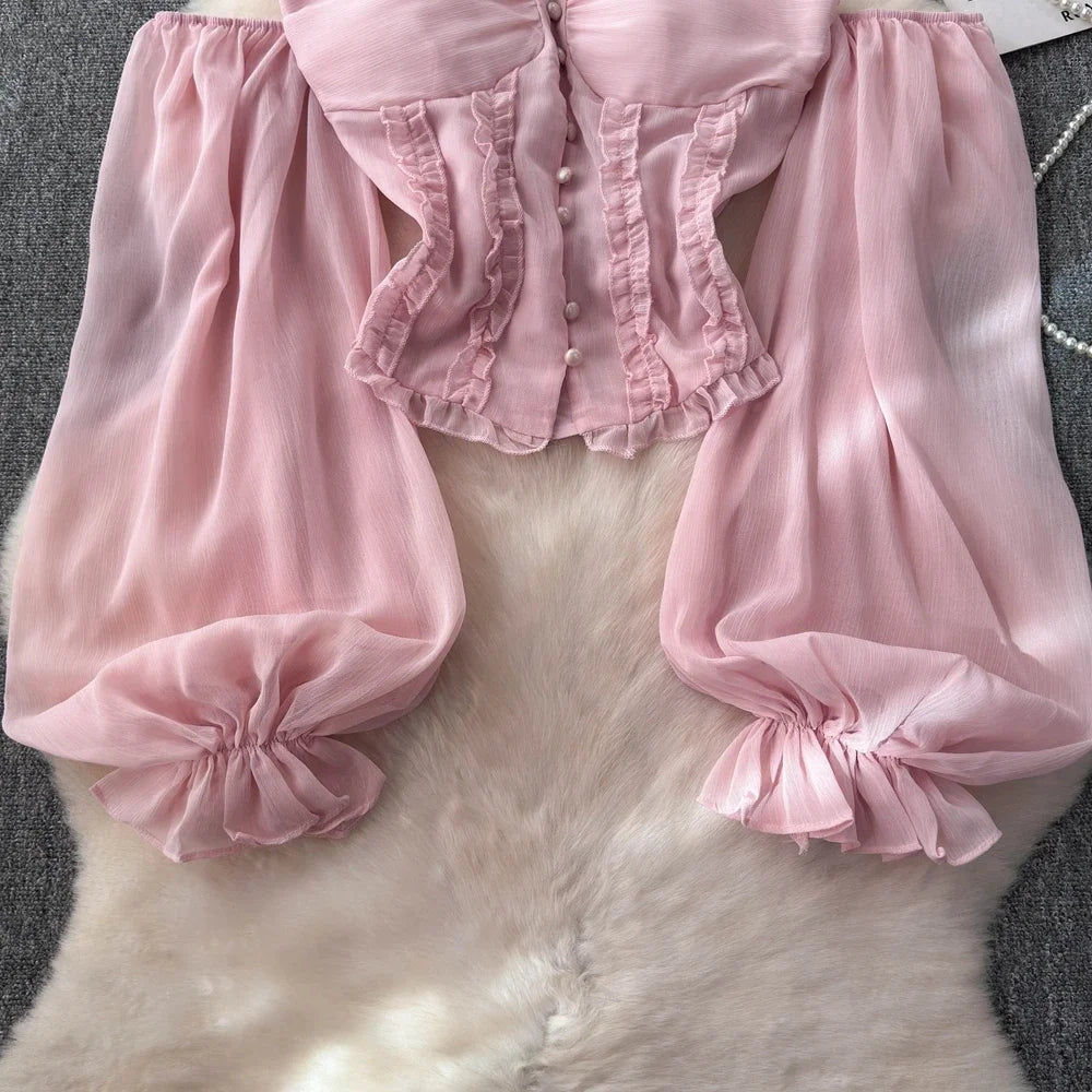 Chiffon Blouse for Women Slash Neck Off Shoulder Solid Color Camisas Ruffles Folds Backless Summer Blusas De Mujer Chic Dropship