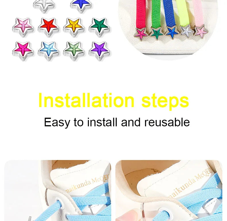 Star Diamond No Tie Shoelaces Colorful Rhinestone Metal Buckle Shoe Laces Flat Elastic Shoelace Kids Adult Sport Cute Shoestring