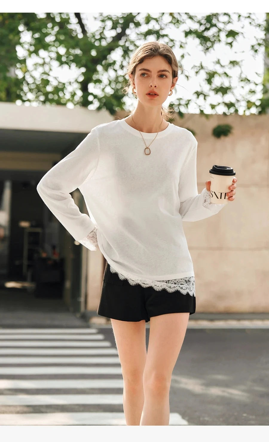 OLrain Cotton White T-shirt Women 2026 Autumn Casual Loose Tee Shirt Crewneck Lace Long Sleeve Tops Woman Clothing N57CT95669