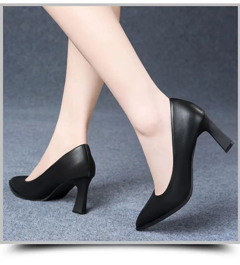 Black Women's Pumps 6-8cm Heel Soft PU Leather Non-slip Single Shoe Professional Interview High Heels Mid Heeled Work Shoes