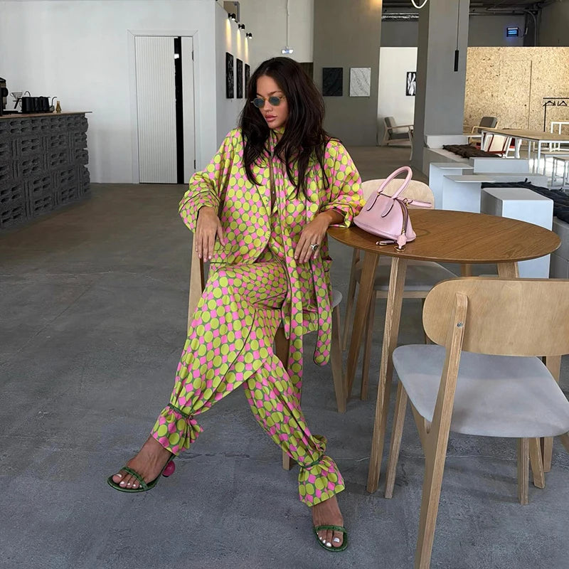 Casual Plaid Women's Blazer Pant Suits Scarf Collar Long Sleeve Button Shirt Pleated Wide Leg Trousers 2026 Summer Female Set