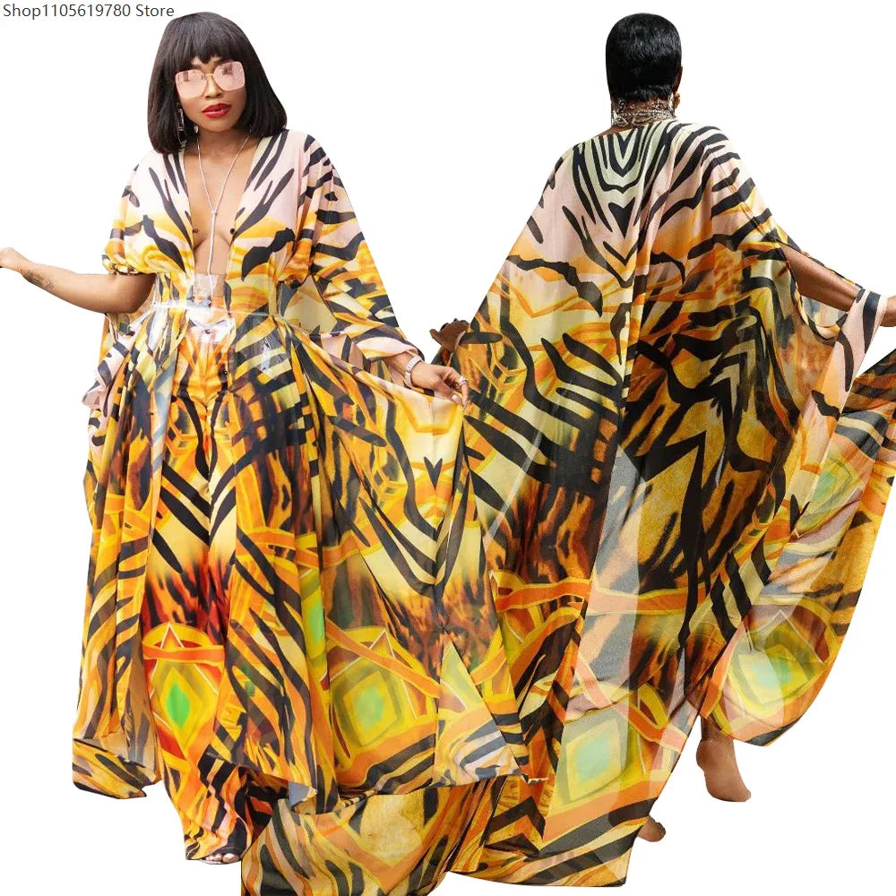 African Dresses for Women See-Through Chiffon Sexy V-neck Bohemian Printing Maxi Dresses Africa Kimono Bikini Holiday Beachwear
