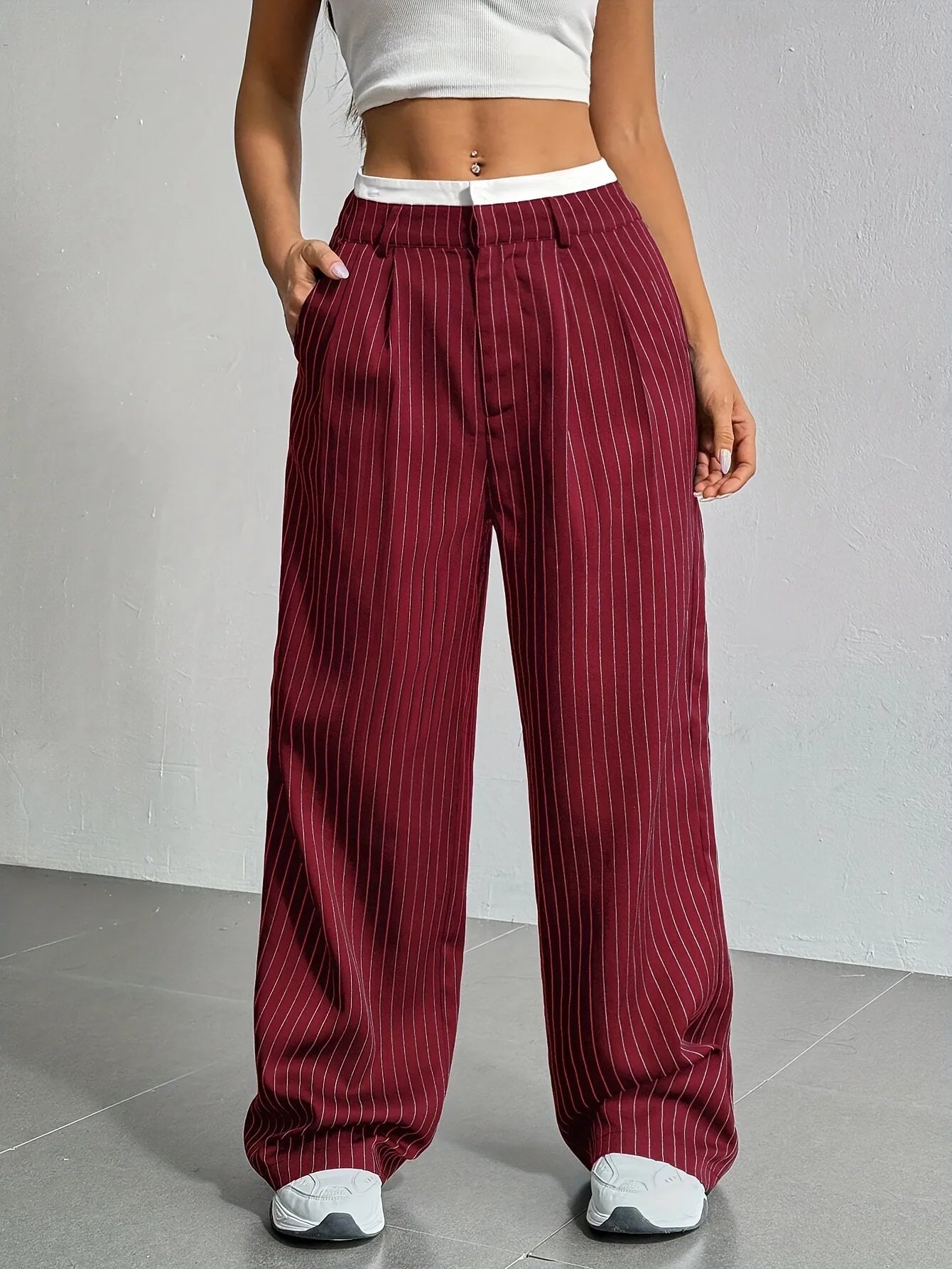 Fashion Pants Women's Stripe Straight Pants 2024 Autumn Winter High Waisted Casual Suit Pants Office Lady Women Trousers Bottoms BAZAARHUBO