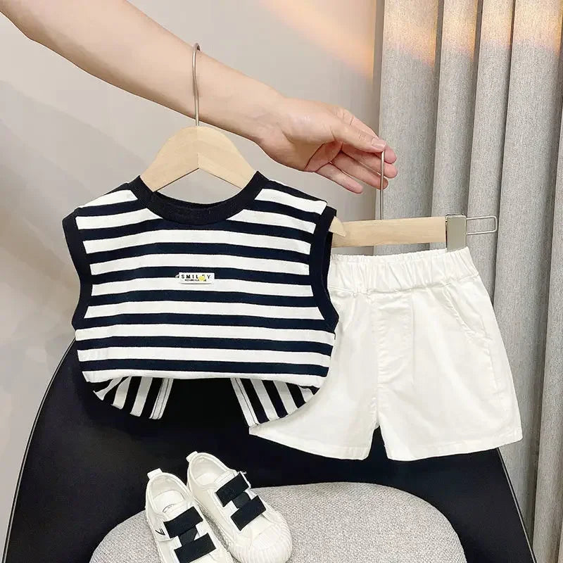 Boys' Striped Summer Casual Clothing Girl Children Handsome Boy Baby Sleeveless Vest and Shorts Set Kids Clothes Boys Outfits