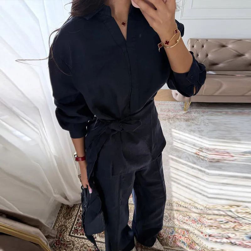 Casual Women's Linen Pants Set 2 Pieces Loose Lace Up Lapel Buttons Shirt Wide Leg Pant 2026 Spring Summer Lady Holiday Suits