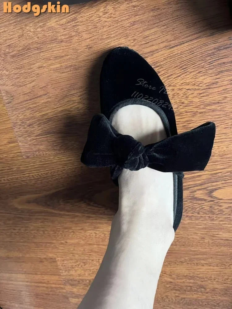 Velvet Bow Flat with Shoes Retro Round Toe Shallow Lace-up Mary Janes Butterfly-knot Daily Shoes Korean Style Design 2025 Women