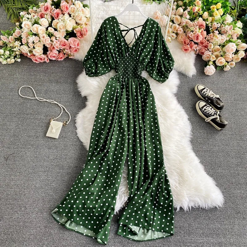 V Neck Sexy Dolman Sleeves Waist Slim Floral Print Jumpsuit Women Wide Leg Trousers Jumpsuit