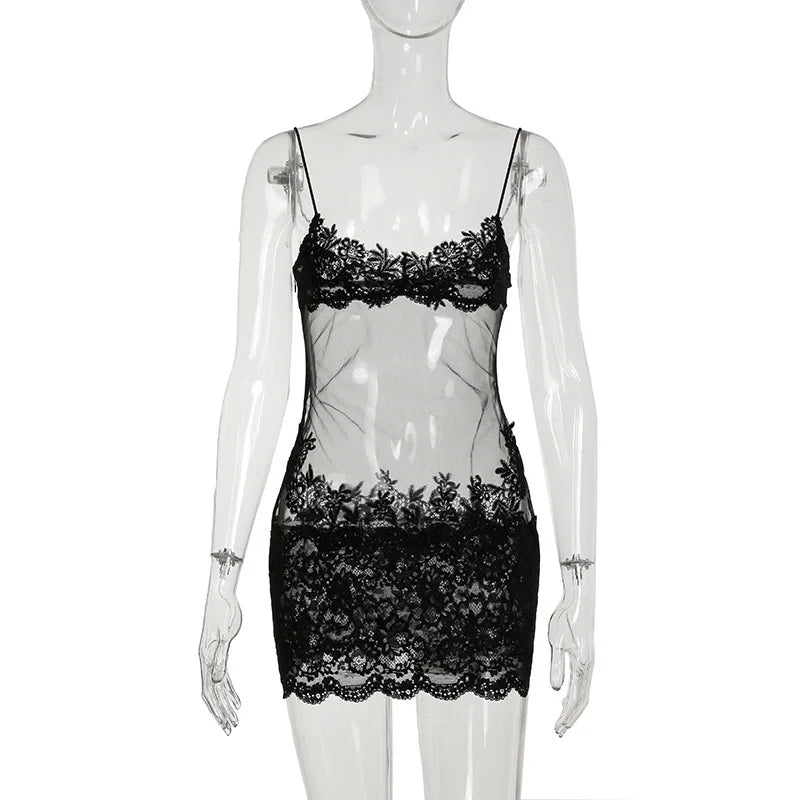 Lace Transparent Mini Dress Sexy Women Wrapping Spaghetti Embroidery Flower Sheath Nightwear Club Mesh Wave Fantacy