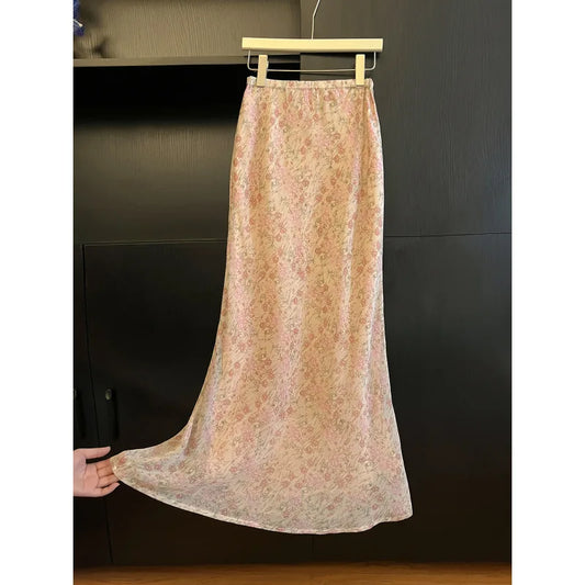 Pink Floral Printed Medi Skirt Female High Waist Long Fishtail Trumpet Skirt Sweet Vintage Woman Summer Medi A Line Skirts Dress