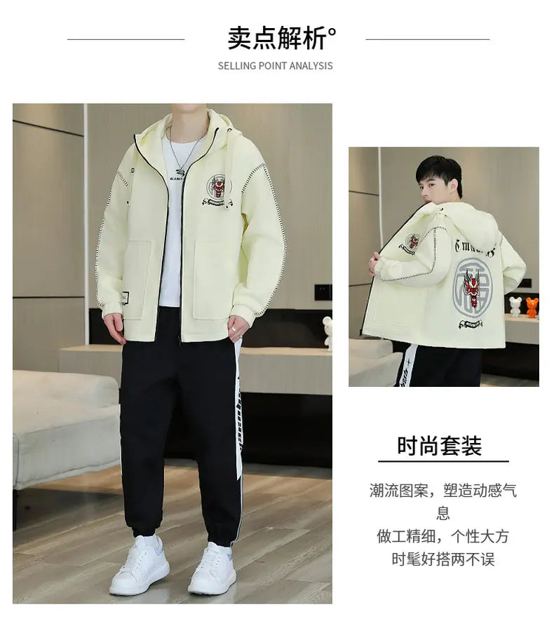Hooded Jackets And Pants Two Piece Men's Sets 2026 Spring Autumn Youth Streetwear Tracksuits Outdoor Top Coats & Jogger Clothing