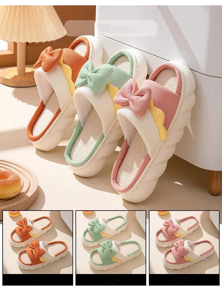Linen Slippers Women Indoor Slippers Comzy Anti-Slip House Cotton Shoes  Cute Bowknot Flat Slipper Couples Slides Spring Summer