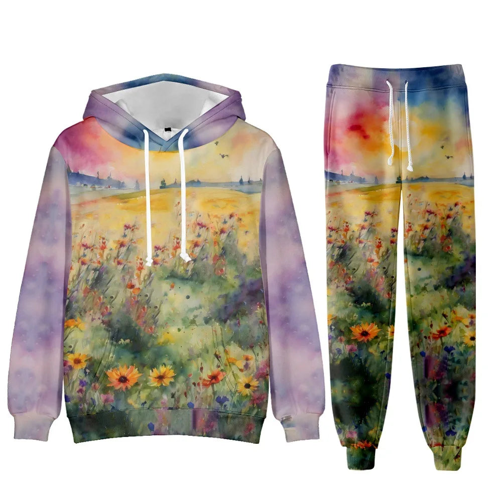 Chic Floral Elegant Suit Women's Tracksuit Funny 2 Piece Outfits Sports Lounge Hoodie Oversized Jogger Sweatpants Sweatsuit Sets
