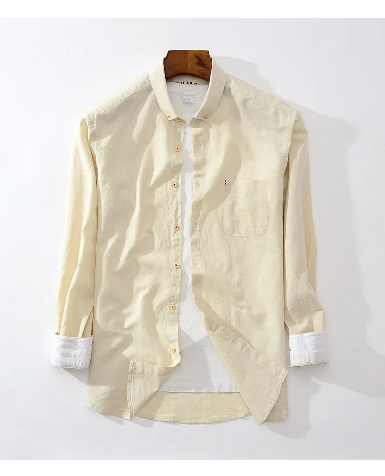 Shirt New Men's Fashion Solid Color Cotton Linen Everything Trend British Style Casual Business Formal Long-sleeved Shirt