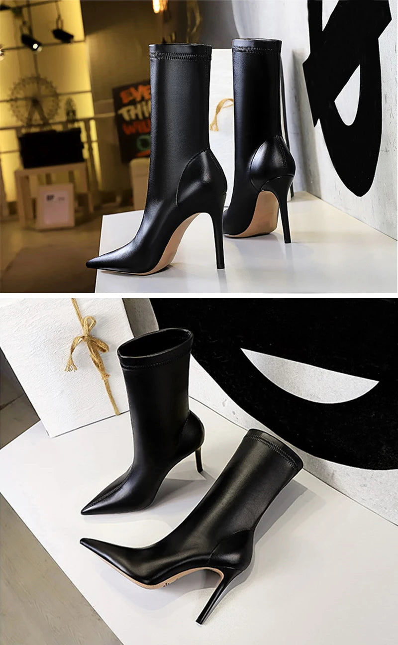 Eilyken Fashion Winter High Quality Soft PU Leather Socks Women Ankle Boots Street Style Pointed Toe Thin Heels Ladies Botines